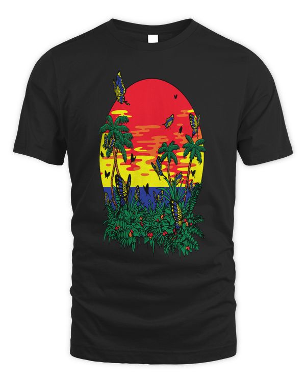 FUN VACATION SHIRT. SUNSET BEACH. ISLAND BUTTERFLIES BIRDS