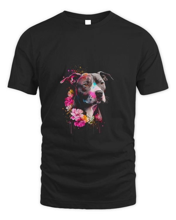 Bully Watercolor Pitbull with flowers 663 Pitbull Dog
