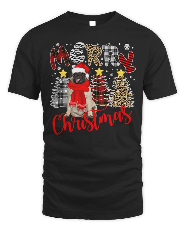 Pug Lover Merry Christmas Tree Leopard Plaid Printed 210 Pugs Dog