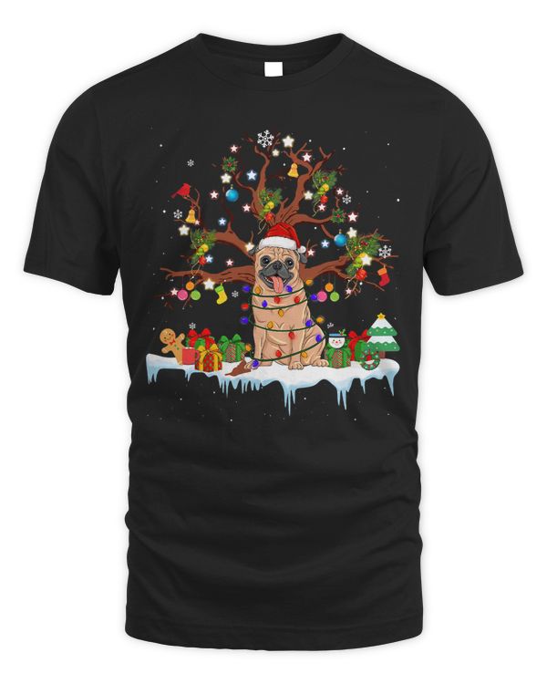 Pug Lover Santa Wearing Christmas Hat Tree Lights 214 Pugs Dog