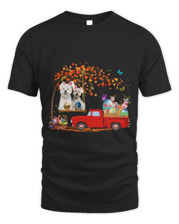 Westie Wearing Bunny Ear Red Truck With Eggs