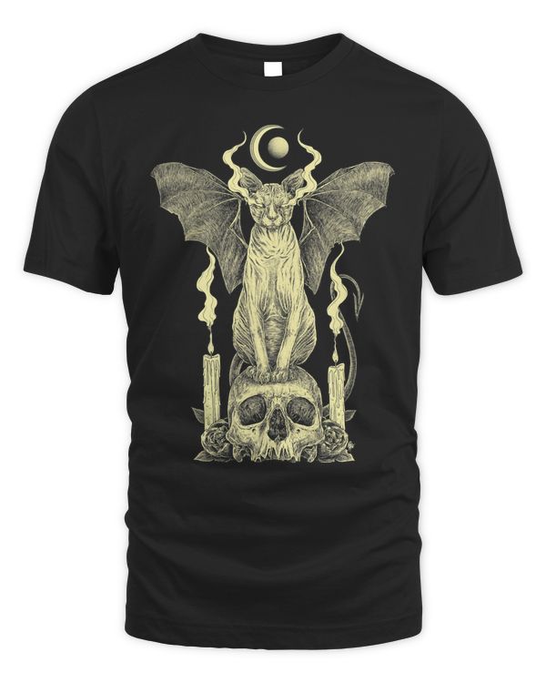 Evil Sphynx Cat Bat Skull Wicca Gothic Goth Witchcraft Witch T-Shirt