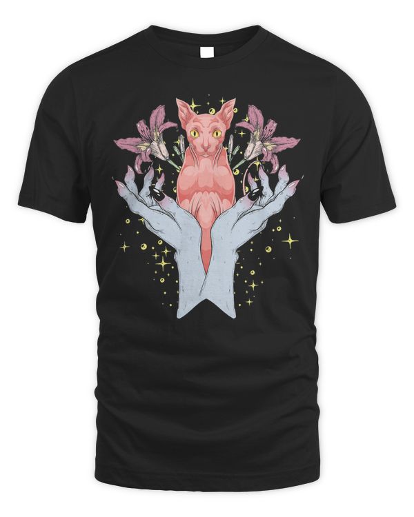 Flowers Occultism Pagan Animal Hamsa Hands Witch Sphynx Cat T-Shirt