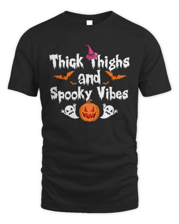 Thick Thighs and Spooky Vibes Halloween funny pumpkin face ghosts and witch hat graphic T-Shirt
