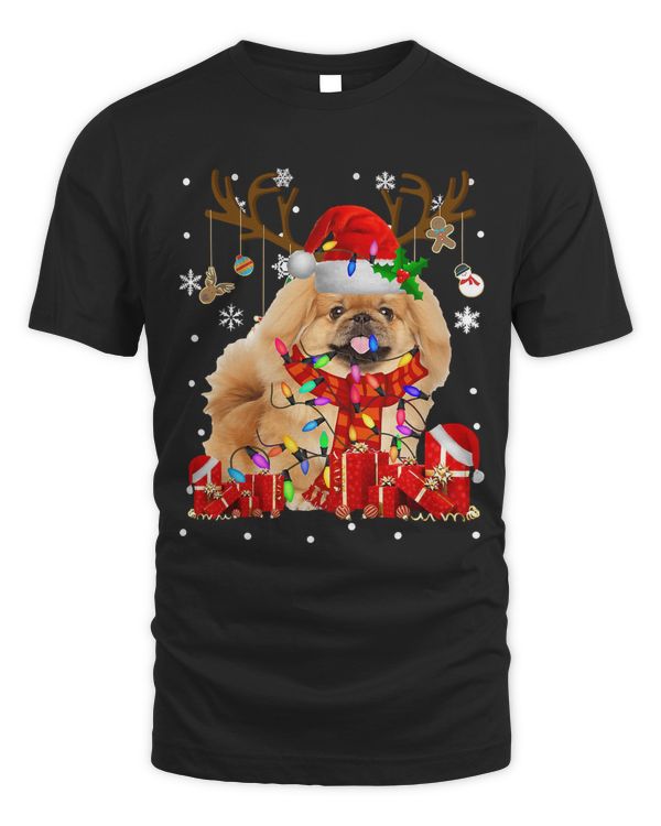 Funny Pekingese Dog Reindeer Christmas Light Dog Lover Gift T-Shirt