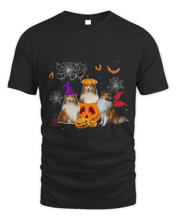 Funny Pumpkin Witch Sheltie Matching Dog Halloween Gifts T-Shirt