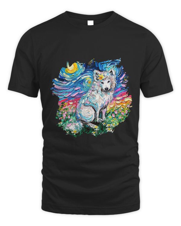 Samoyed and flowers Starry Night fluffy white Dog Art by Aja T-Shirt