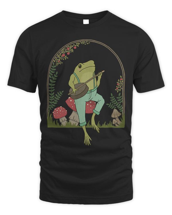 Cottagecore Aesthetic Frog Playing Banjo on Mushroom Cute T-Shirt