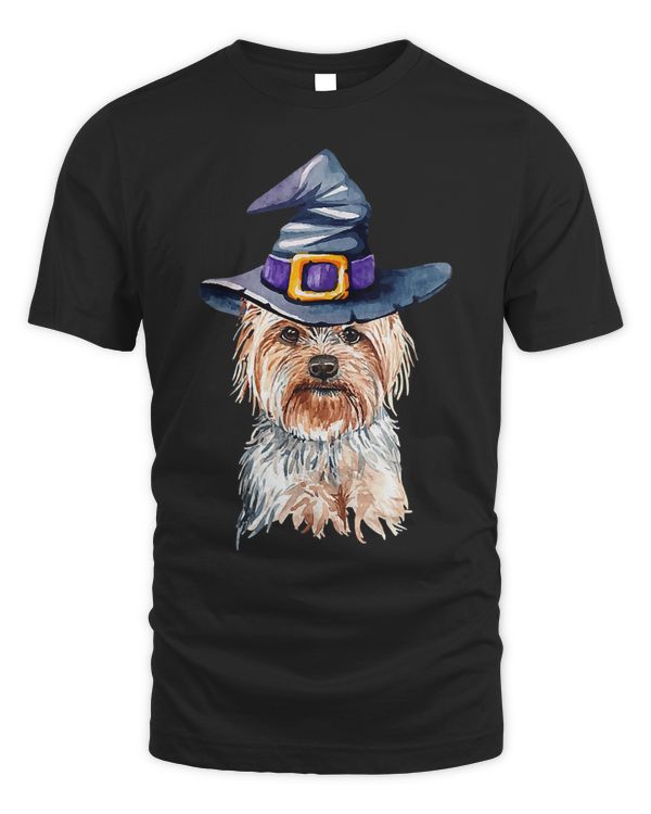 Womens Yorkshire Terrier Witch Hat Dog Lovers Halloween Gift V-Neck T-Shirt