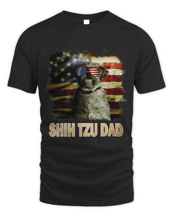 Best Shih Tzu Dad Ever American Flag 4th Of July Dog Lover T-Shirt