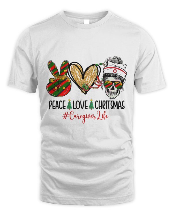Caregiver Nurse Peace Love Christmas Pajama Skull Messy Bun T-Shirt