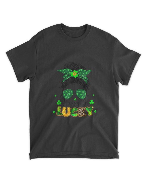 Women Happy Go Lucky Messy Bun Shamrock St Patrick's Day T-Shirt
