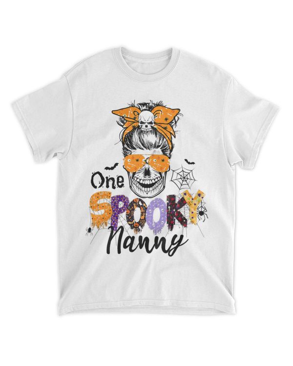 Womens Halloween One spooky nanny messy bun skull spider bat scary
