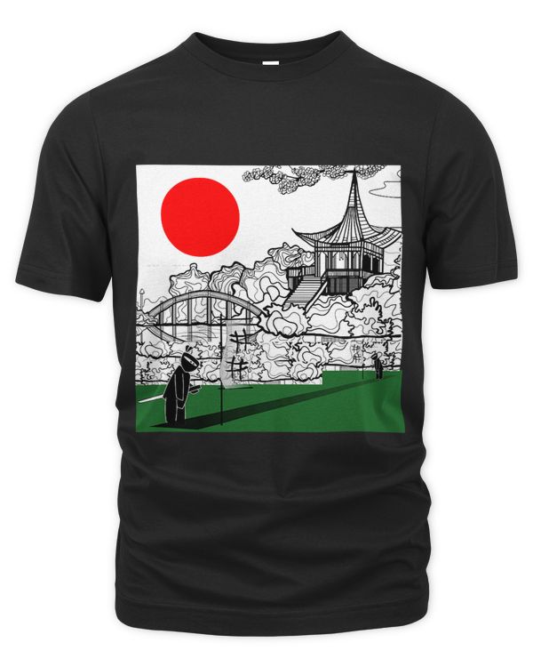 Japanese style Sun in red and cartoon ninjas battle Japan