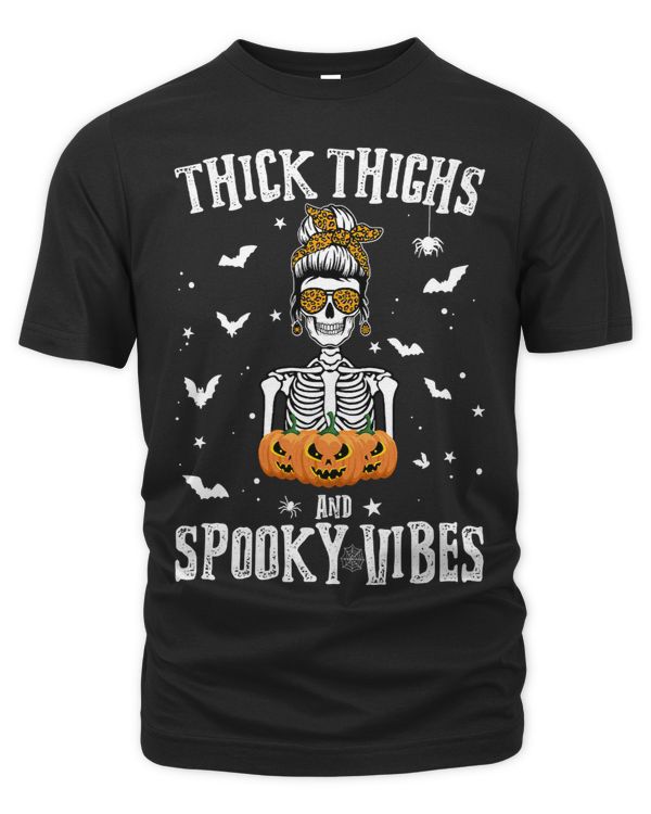 Thick Thighs And Spooky Vibes Halloween Messy Bun Women 310