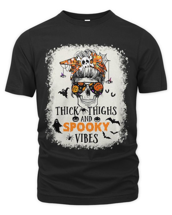 Thick Thighs And Spooky Vibes Messy Bun Boo Pumpkin Bleached 312