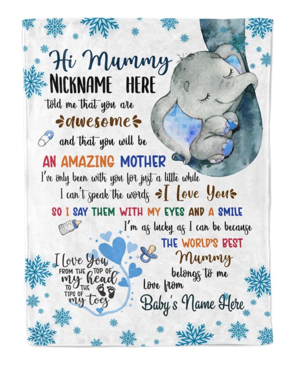 Personalized Hi MUMMY Elephant Cute Boy, Gift from Grandma and baby for newmom SNOW THEMES