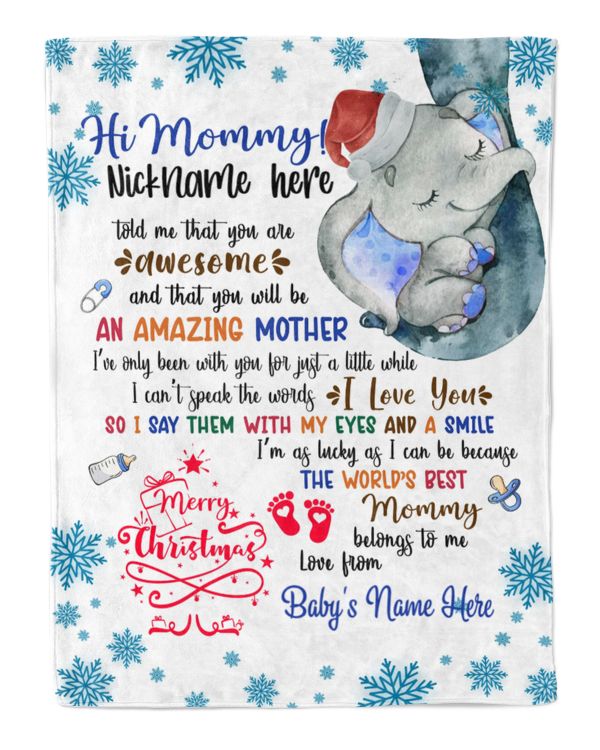 Personalized Hi MOMMY Elephant Cute Girl, Gift from Grandma and baby for newmom SNOW THEMES