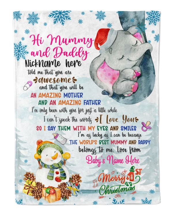 Personalized Hi MUMMY AND DADDY Elephant Cute Baby Girl with Snowman,  1st Chritmas Gift from Grandma and baby for Newmom, First Christmas gifts.