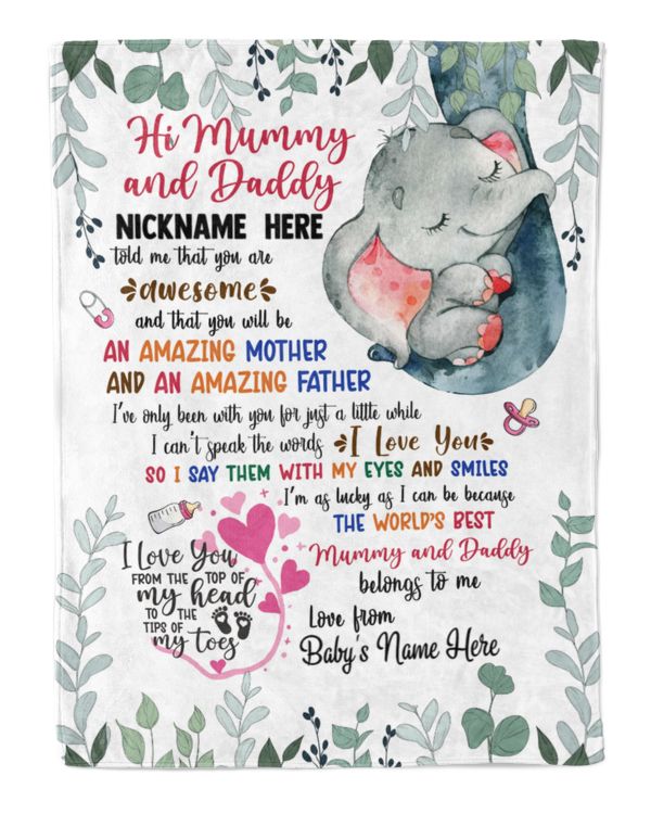 Personalized Hi Mummy and Daddy Elephant Cute Girl, Gift from Grandma and baby for newmom