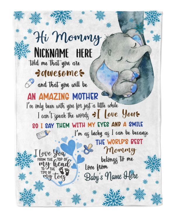 Personalized Hi MOMMY Elephant Cute Boy, Gift from Grandma and baby for newmom SNOW THEMES