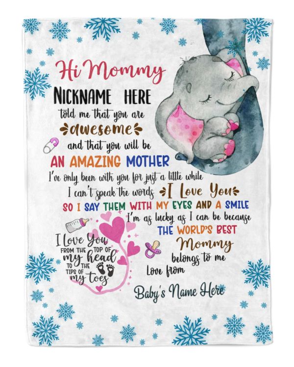 Personalized Hi MOMMY Elephant Cute girl, Gift from Grandma and baby for newmom SNOW THEMES