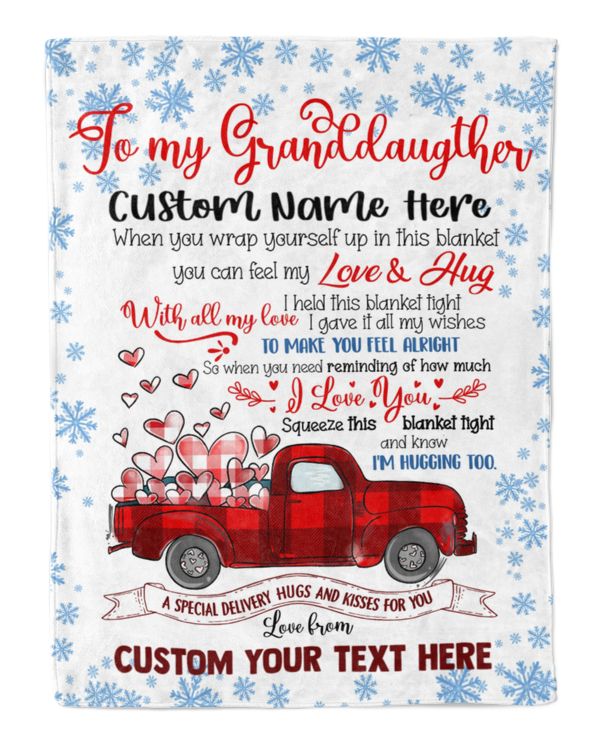 Personalized Name To my Granddaughter Blanket, Christmas Gift with Love and Hug Quotes, Christmas Red plaid Truck with Heart and snow theme Blanket