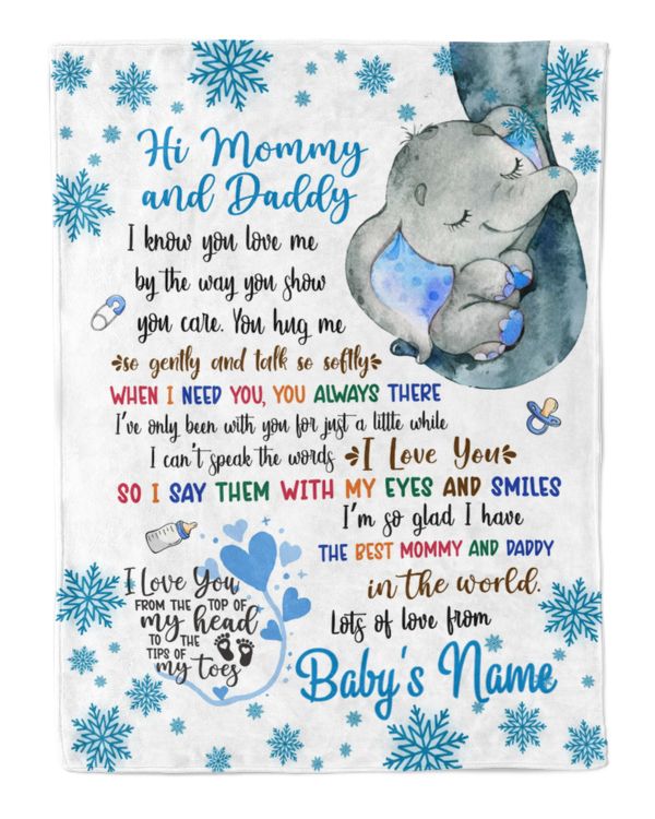 Personalized Hi MOMMY and DAddy  Cute  Elephant Baby Boy,  Chritmas Gift for Newmom,  perfect keepsake and baby shower gift for a mom to be, new mom. Wtih snow theme.