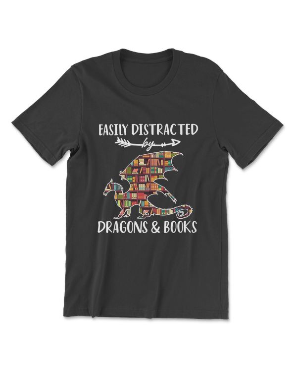 Easily Distracted By Dragon And Books Nerds T-Shirt