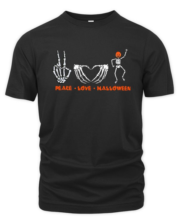 Skeleton Peace Love Halloween with Scary Pumpkin