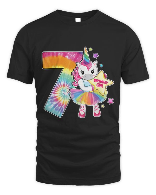 7th Birthday Unicorn Shirt Gift for Girls Age 7 Tie Dye Tee