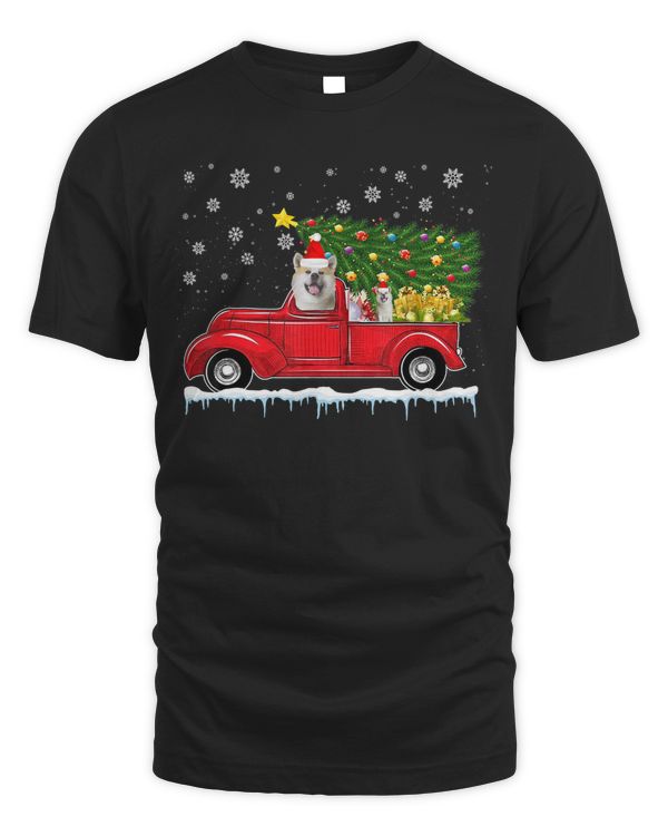 Akita Red Car Truck Christmas Tree Funny Santa Xmas Dog T-Shirt