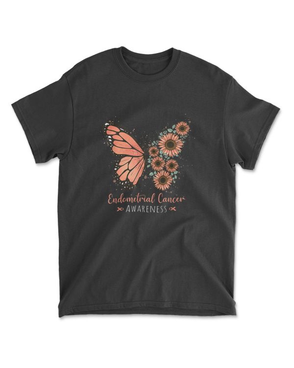 Endometrial Cancer Awareness Peach Ribbon Butterfly Tshirt